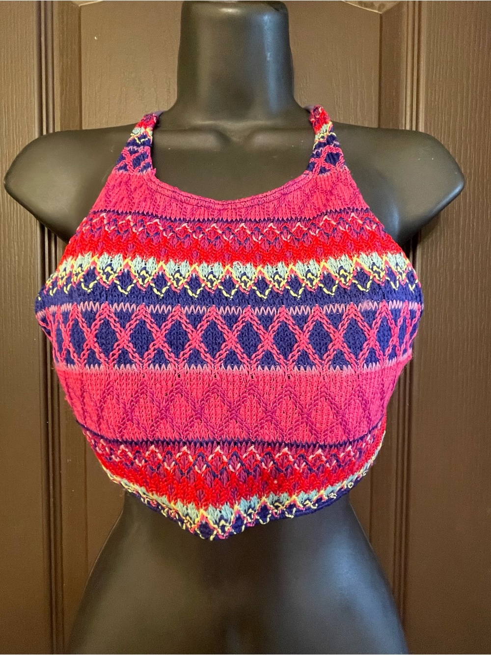 Hollister Boho Crochet Knit Bikini Top - Navy/Pink Multi -  Medium